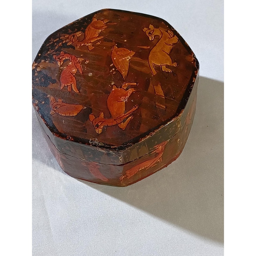 Vintage Hand Painted Papier Mache Trinket Box Small Brown Folk Wildlife Art